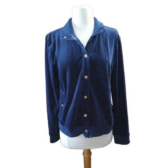 LAUREN Ralph Lauren Women's Velvet Jacket Sz L Blue Gold Snaps Track Suit Jacket - Picture 1 of 10
